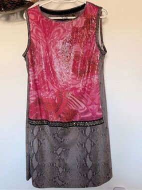 Custo Barcelona Pink Sequin & Brown Snake-Print Shift Dress Sz M